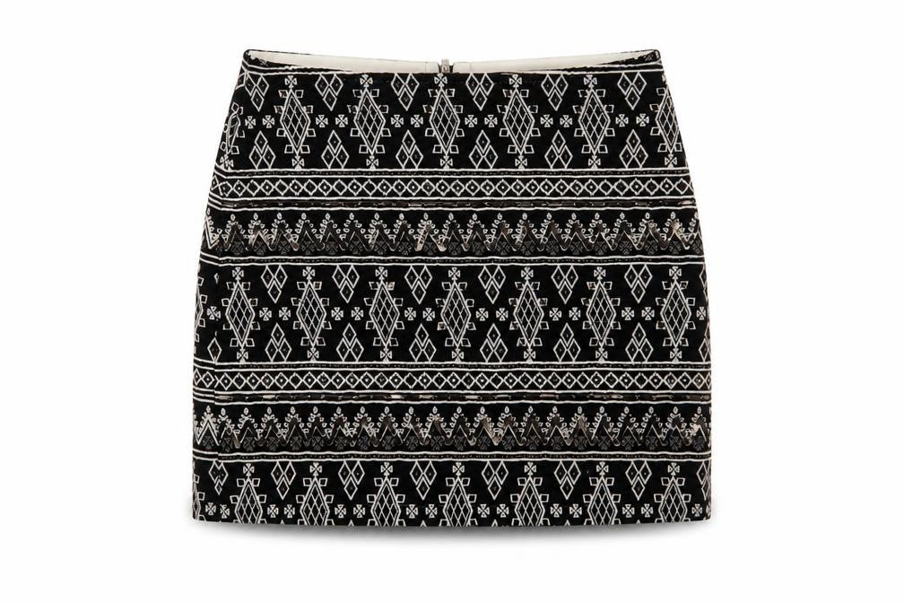 Front view of Atmosphere women’s black geometric sequin pencil mini skirt, size UK 8