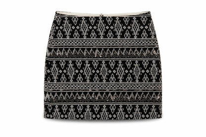 Front view of Atmosphere women’s black geometric sequin pencil mini skirt, size UK 8
