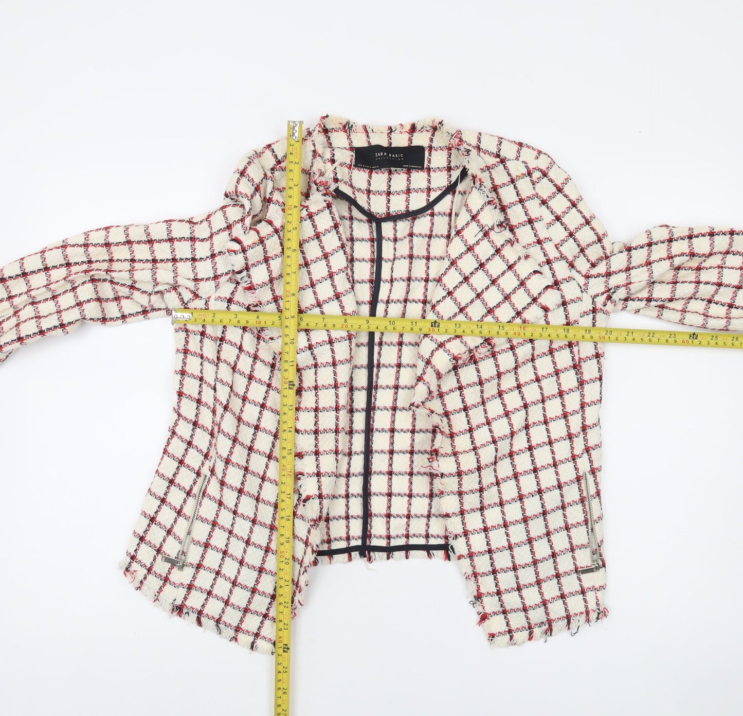 Zara Basic Women Beige Check Tweed Blazer Jacket Size 12