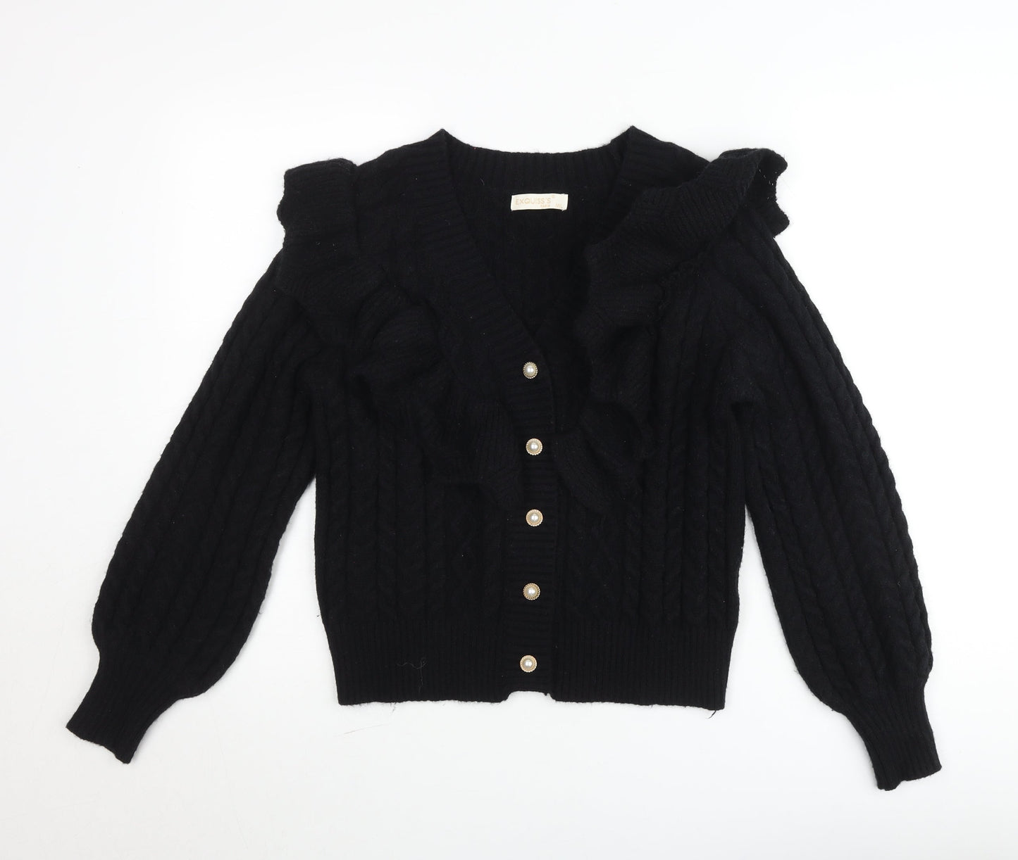 Exquiss’s Women Black Cable-Knit Ruffle V-Neck Cardigan M
