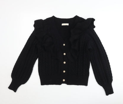 Exquiss’s Women Black Cable-Knit Ruffle V-Neck Cardigan M