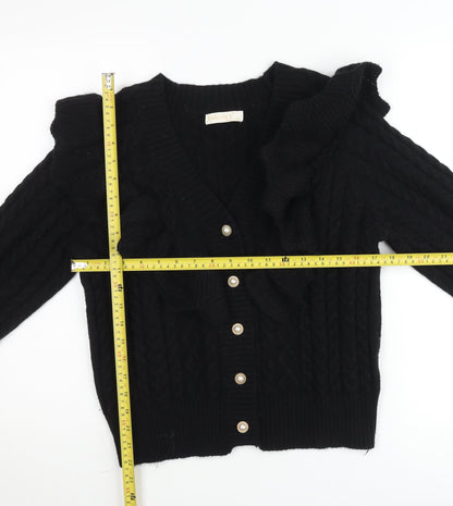 Exquiss’s Women Black Cable-Knit Ruffle V-Neck Cardigan M