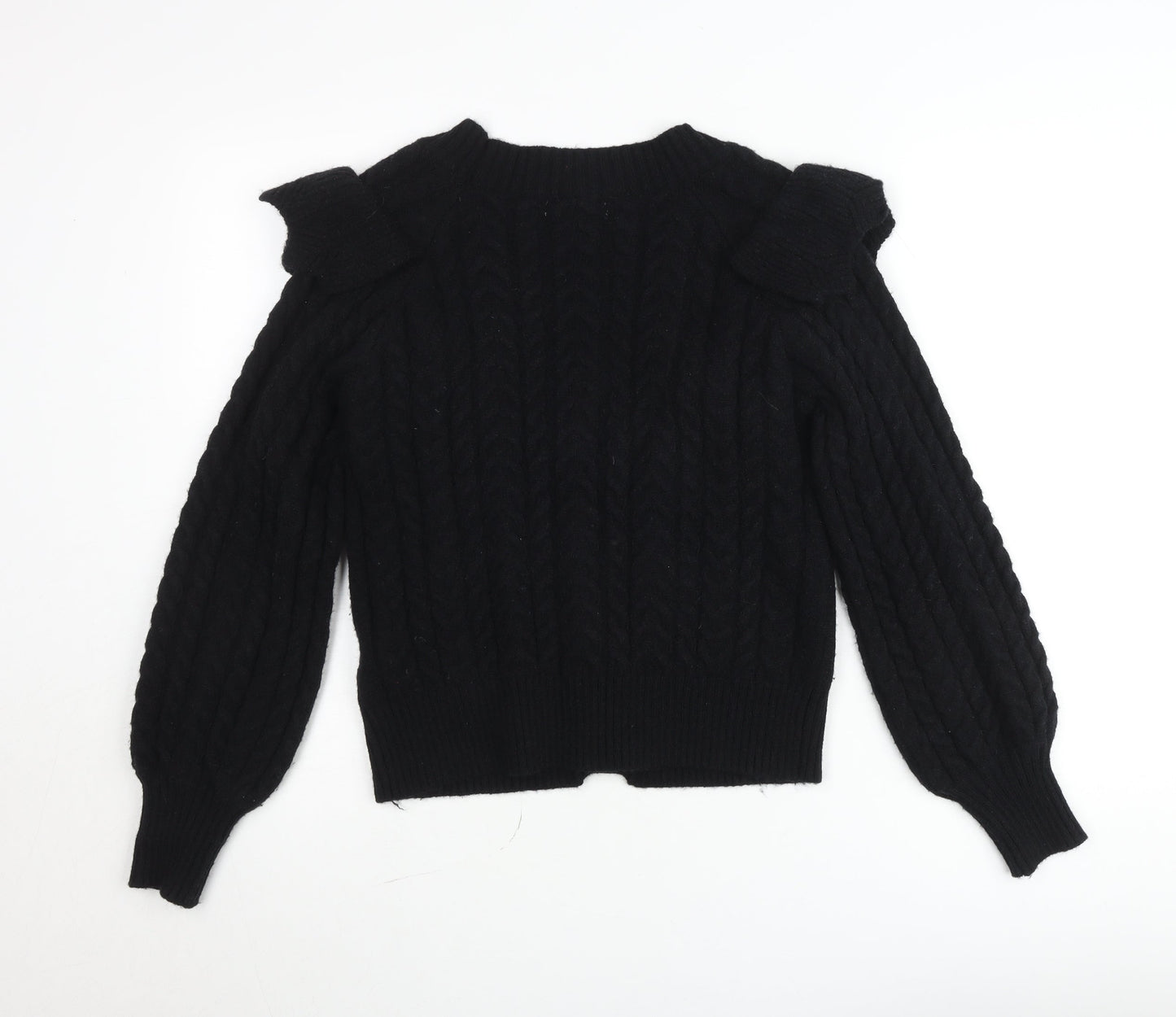 Exquiss’s Women Black Cable-Knit Ruffle V-Neck Cardigan M