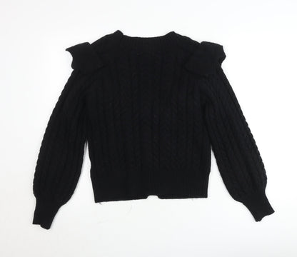 Exquiss’s Women Black Cable-Knit Ruffle V-Neck Cardigan M
