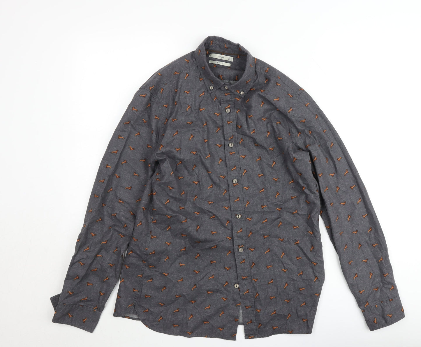 Mango Man Grey Slim Fit Dog Print Cotton Button-Up Shirt Size M