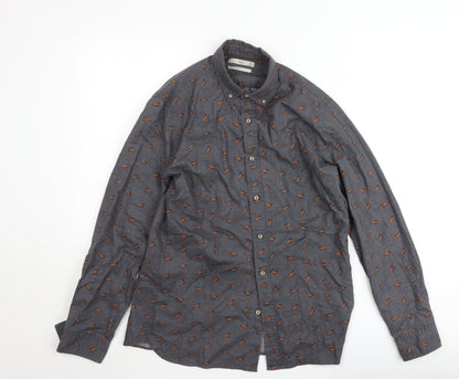 Mango Man Grey Slim Fit Dog Print Cotton Button-Up Shirt Size M