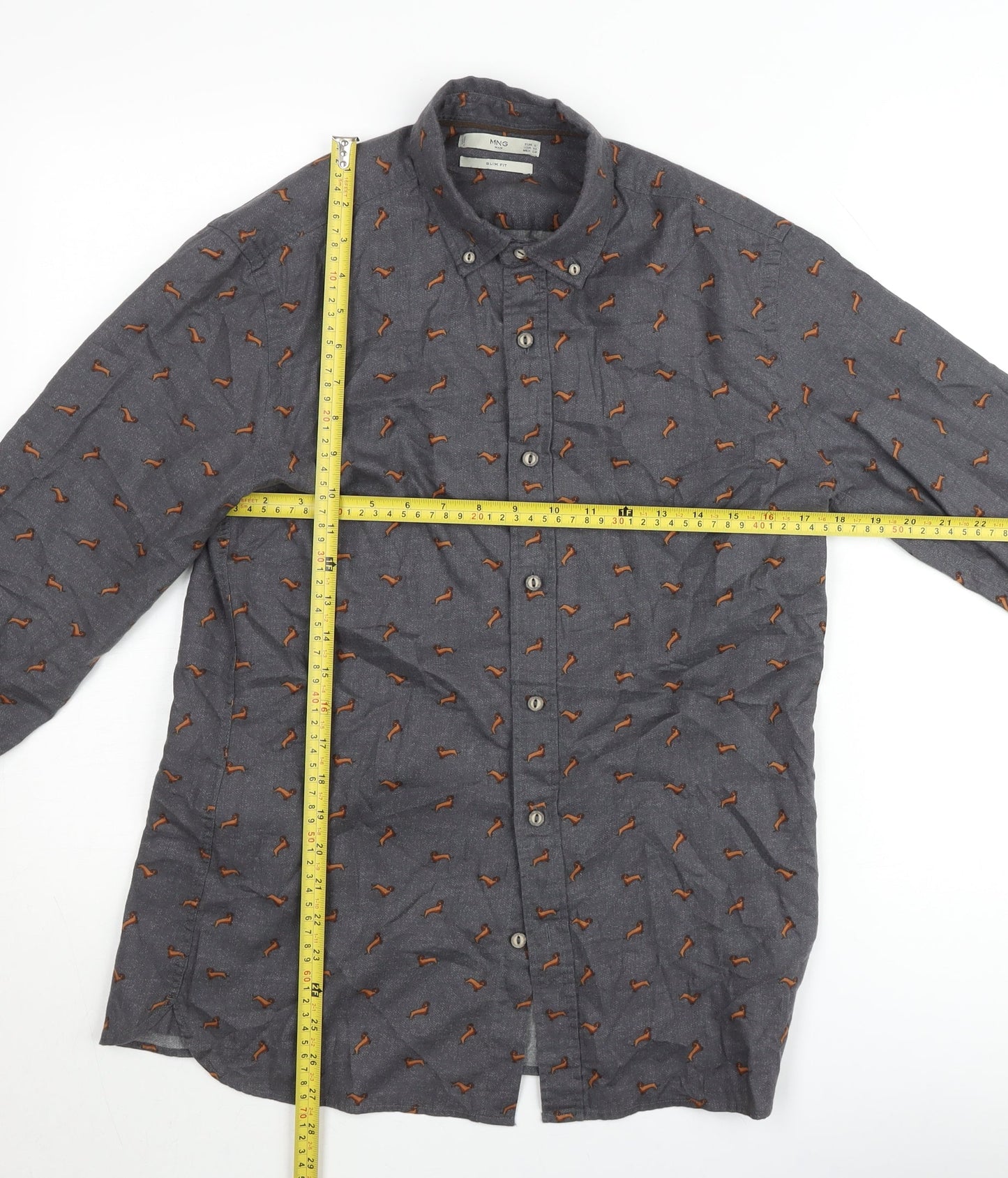 Mango Man Grey Slim Fit Dog Print Cotton Button-Up Shirt Size M