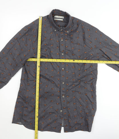 Mango Man Grey Slim Fit Dog Print Cotton Button-Up Shirt Size M