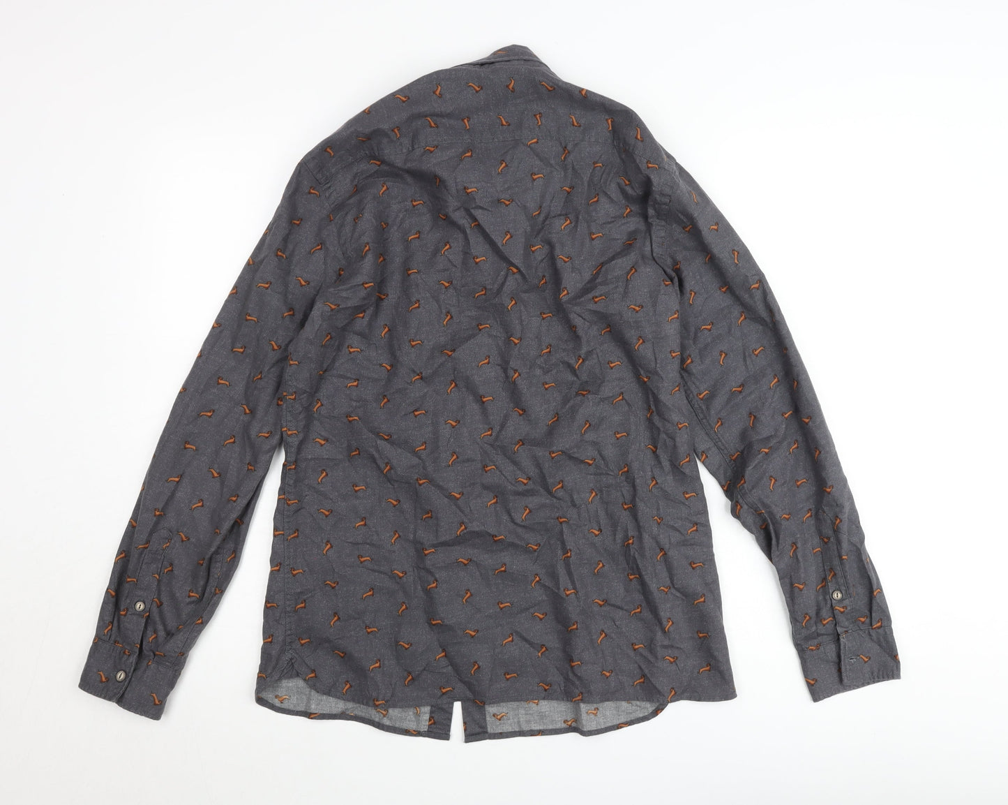 Mango Man Grey Slim Fit Dog Print Cotton Button-Up Shirt Size M