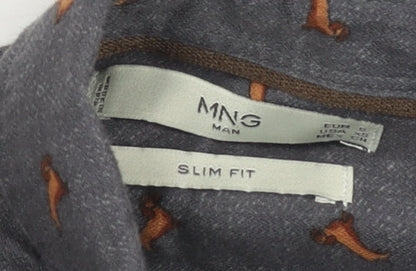 Mango Man Grey Slim Fit Dog Print Cotton Button-Up Shirt Size M