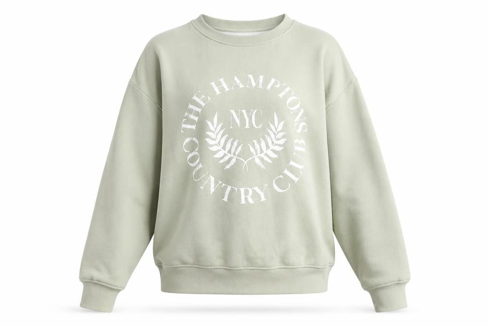 Front view of Dunnes Women’s Sage Green XS Pullover Sweatshirt The Hamptons Print