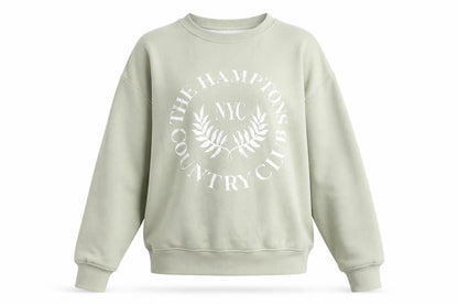 Front view of Dunnes Women’s Sage Green XS Pullover Sweatshirt The Hamptons Print