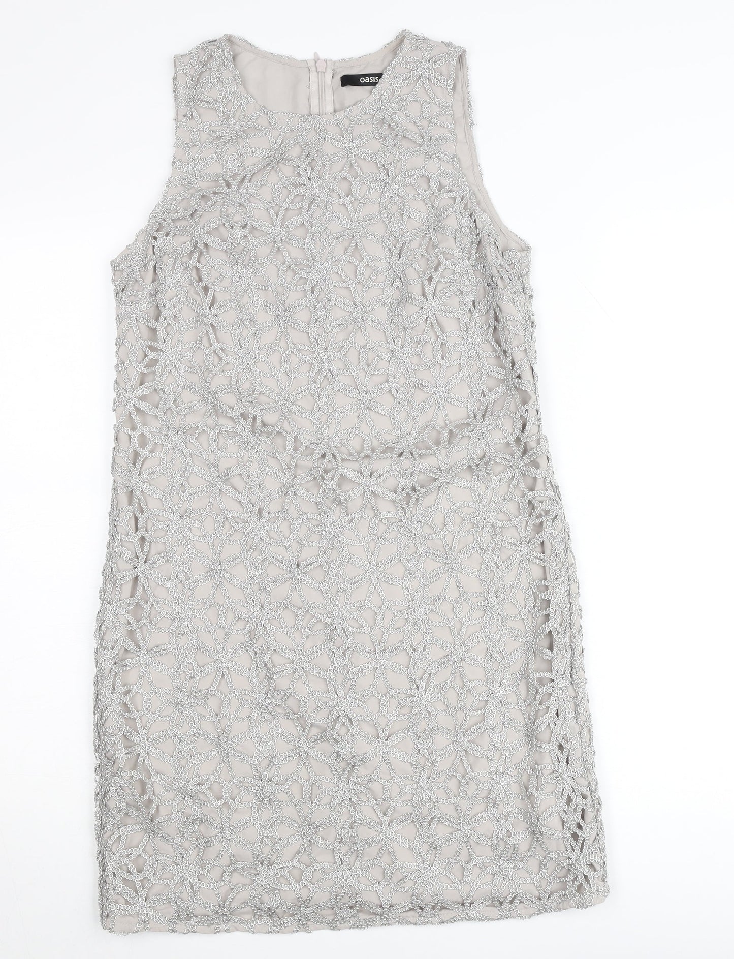 Oasis Women Silver Lace Shift Dress Size 8 Sleeveless Formal Cocktail