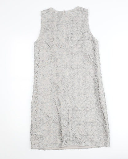 Oasis Women Silver Lace Shift Dress Size 8 Sleeveless Formal Cocktail