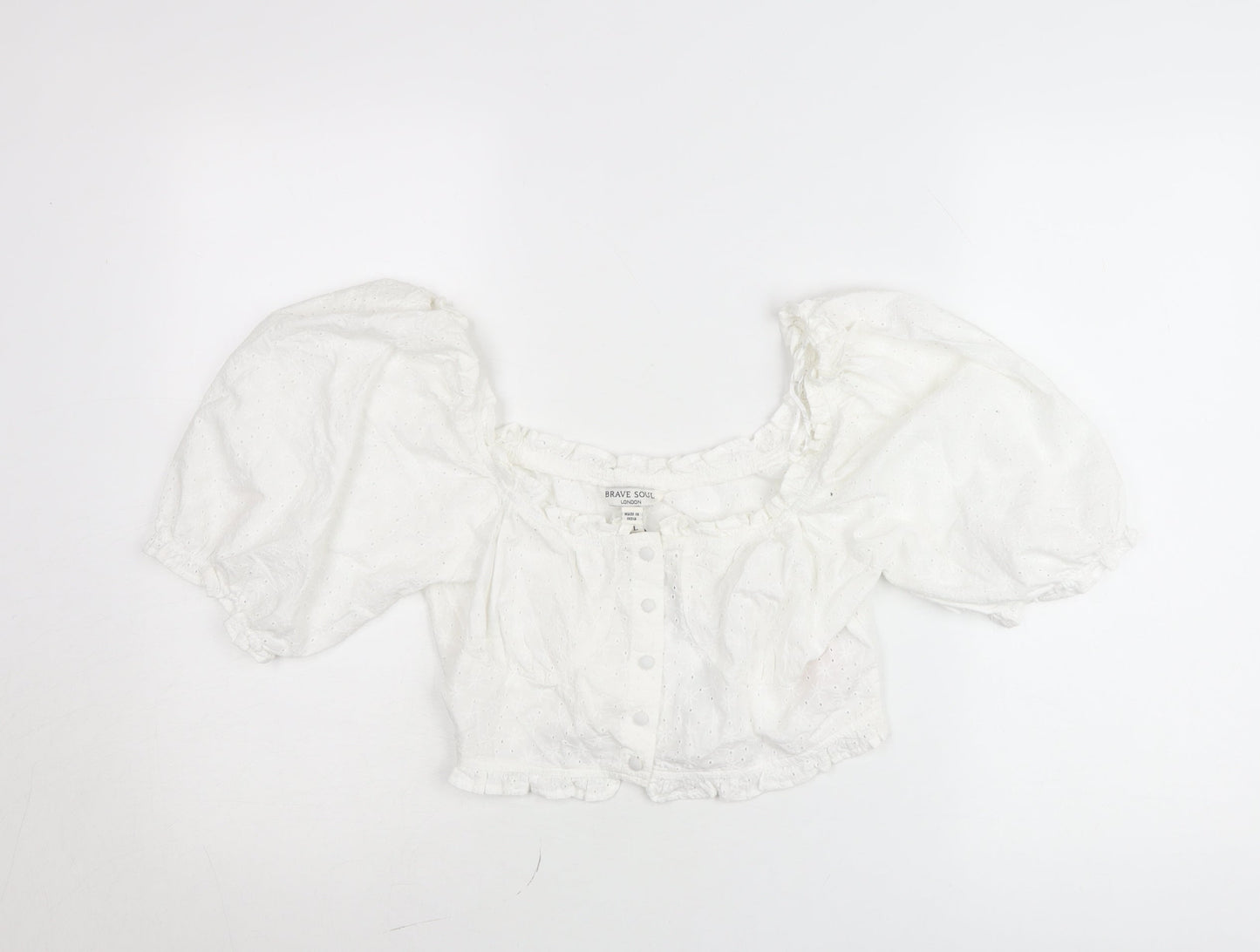 Brave Soul Women’s White Cropped Puff Sleeve Cotton Blouse Size L