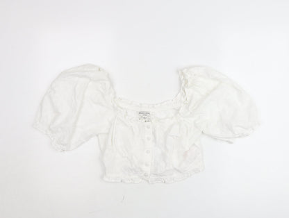 Brave Soul Women’s White Cropped Puff Sleeve Cotton Blouse Size L