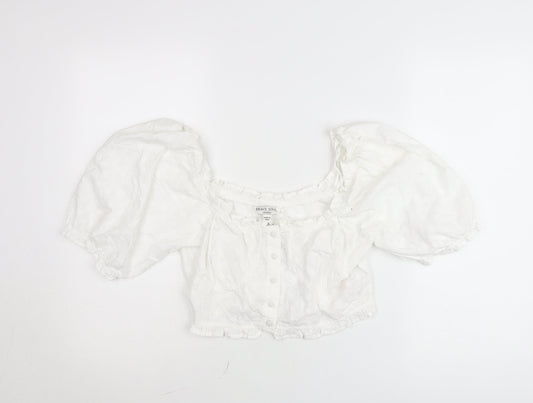 Brave Soul Women’s White Cropped Puff Sleeve Cotton Blouse Size L