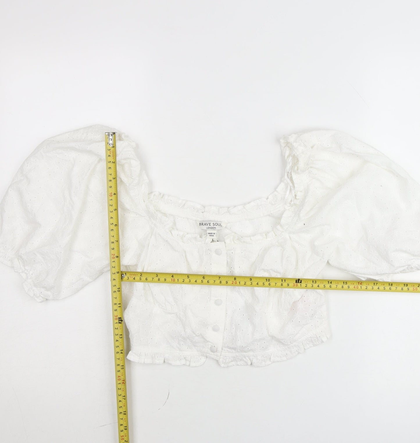 Brave Soul Women’s White Cropped Puff Sleeve Cotton Blouse Size L