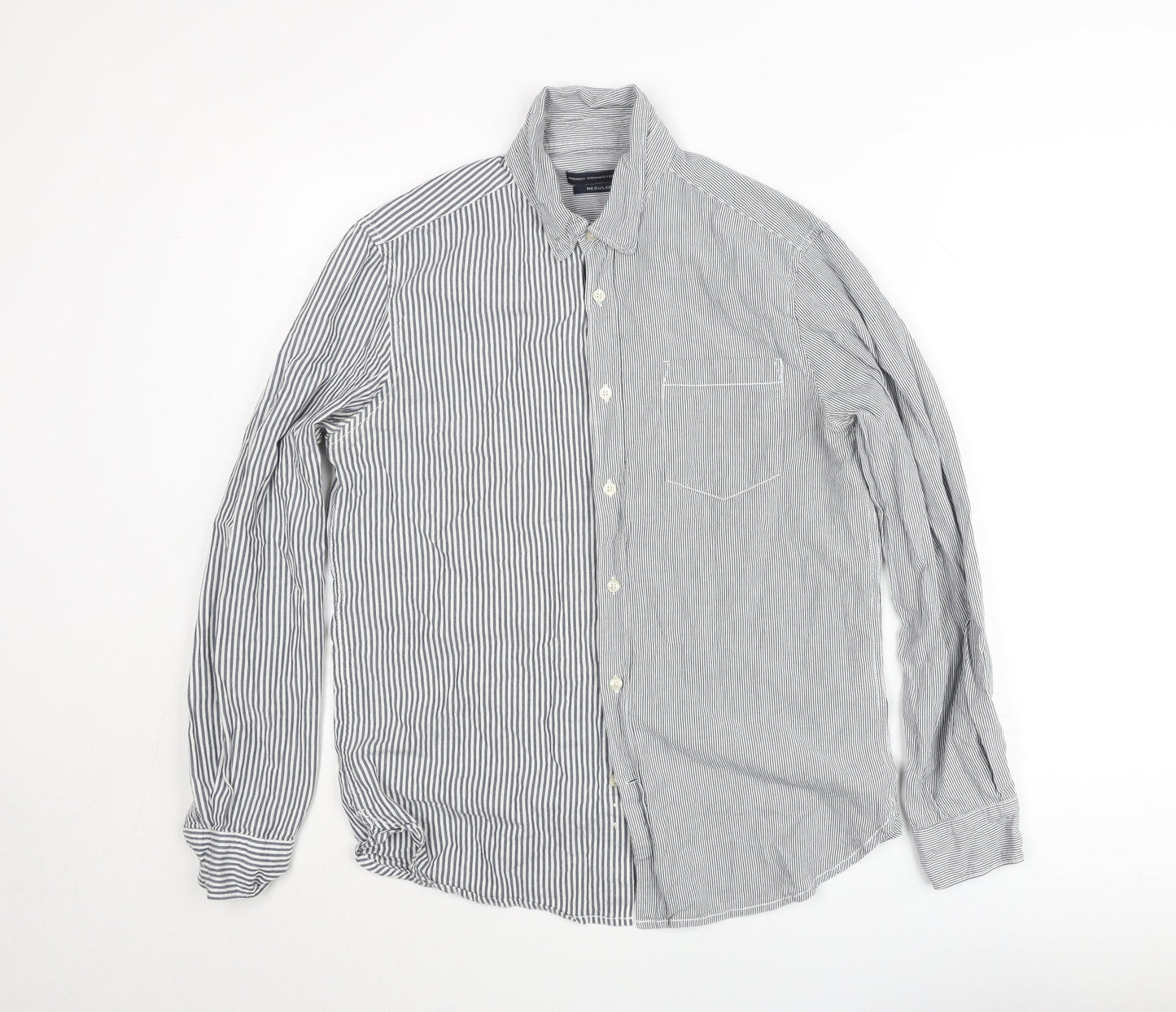 French Connection Men's Blue Striped Regular Fit Cotton Button-Up Shirt M