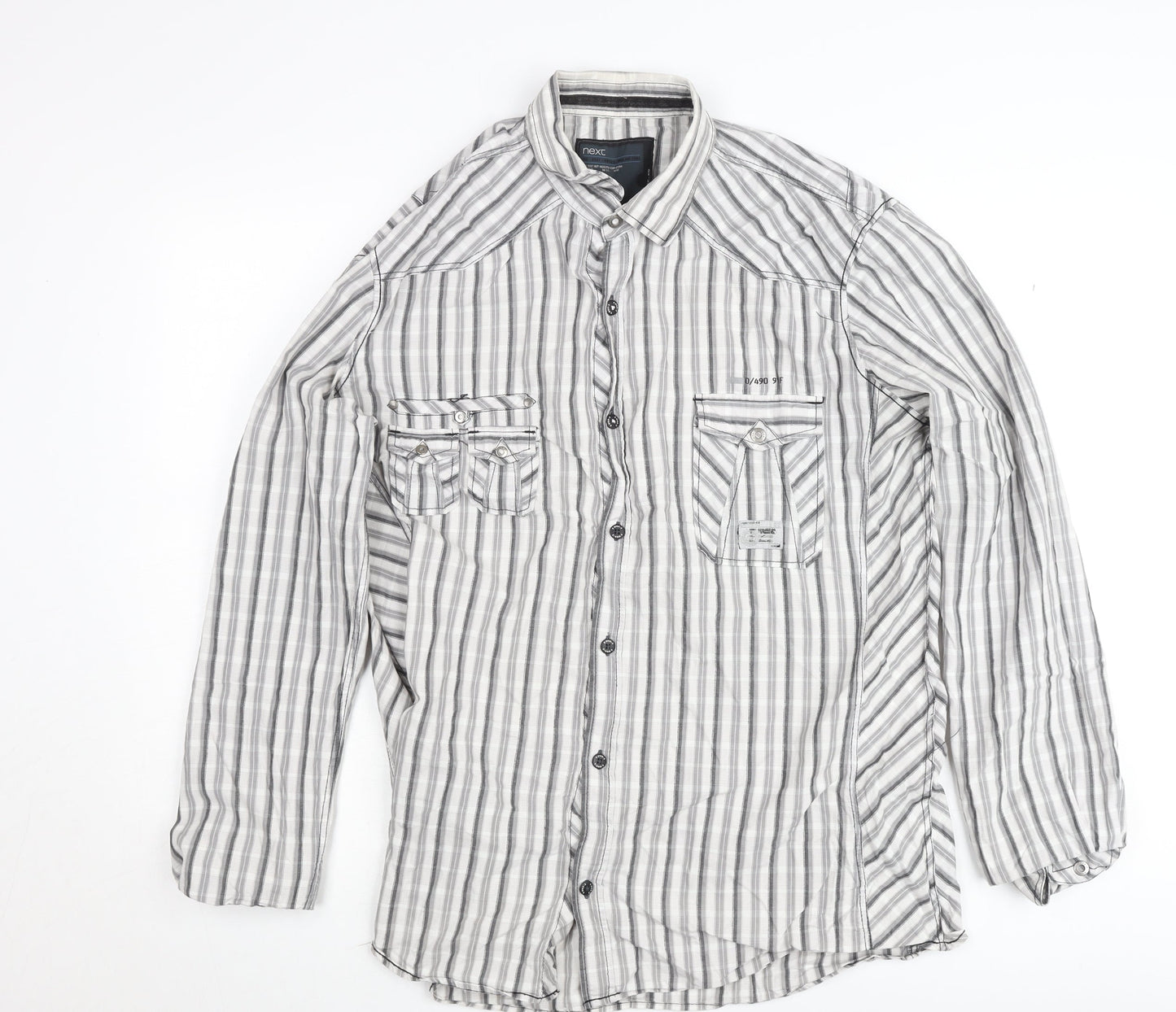 Next Men's Grey Striped Slim Fit Long Sleeve Button-Up Shirt XL