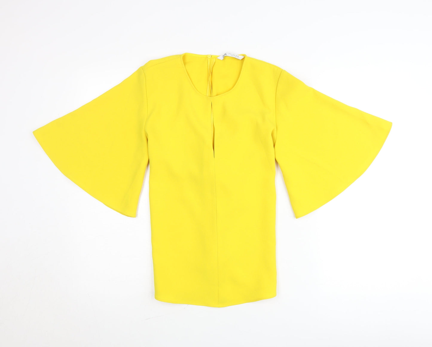Zara Womens Yellow Wrap Blouse S Flared 3/4 Sleeve Bow Tie
