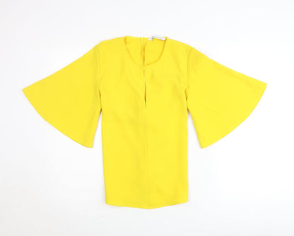 Zara Womens Yellow Wrap Blouse S Flared 3/4 Sleeve Bow Tie