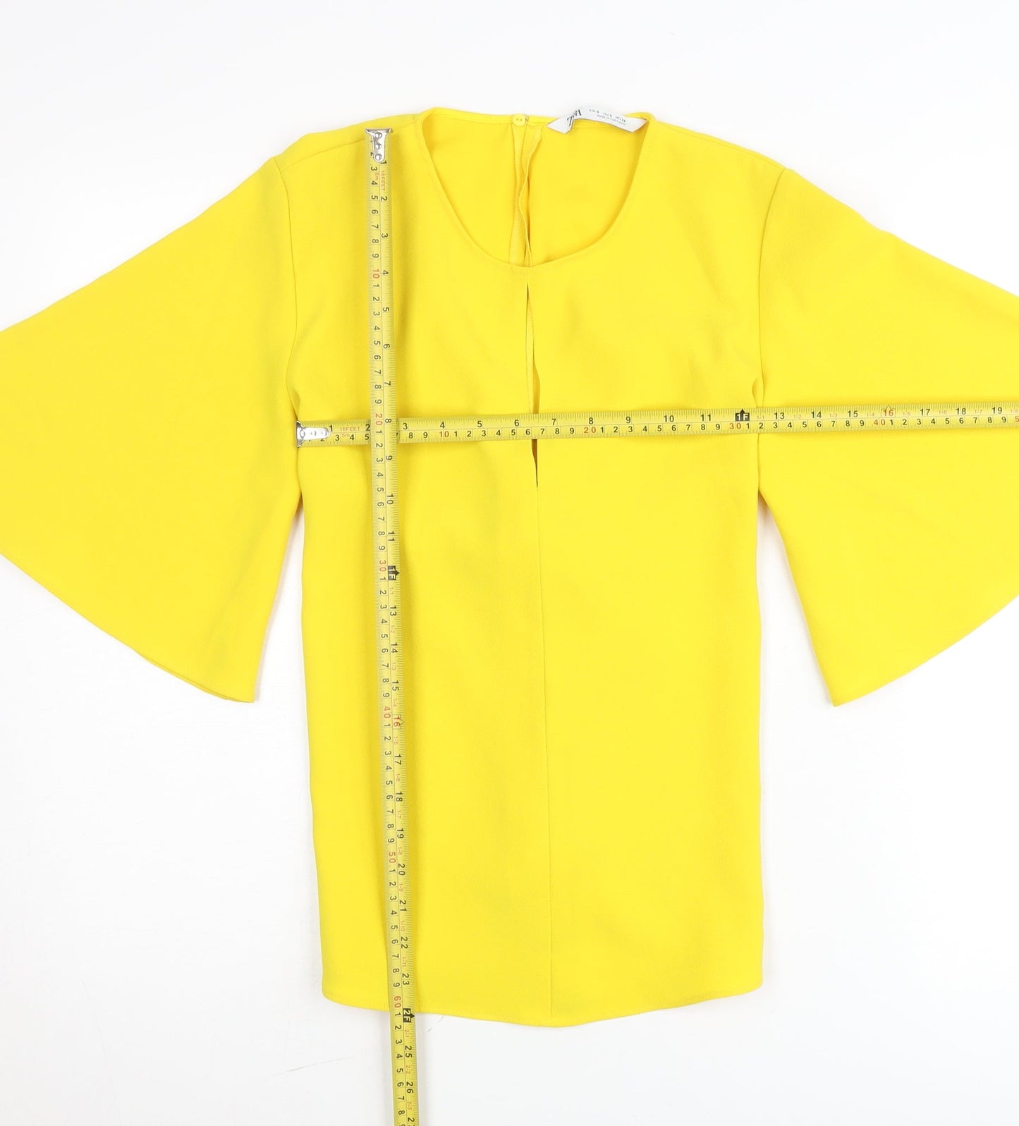 Zara Womens Yellow Wrap Blouse S Flared 3/4 Sleeve Bow Tie