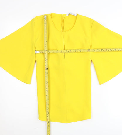 Zara Womens Yellow Wrap Blouse S Flared 3/4 Sleeve Bow Tie