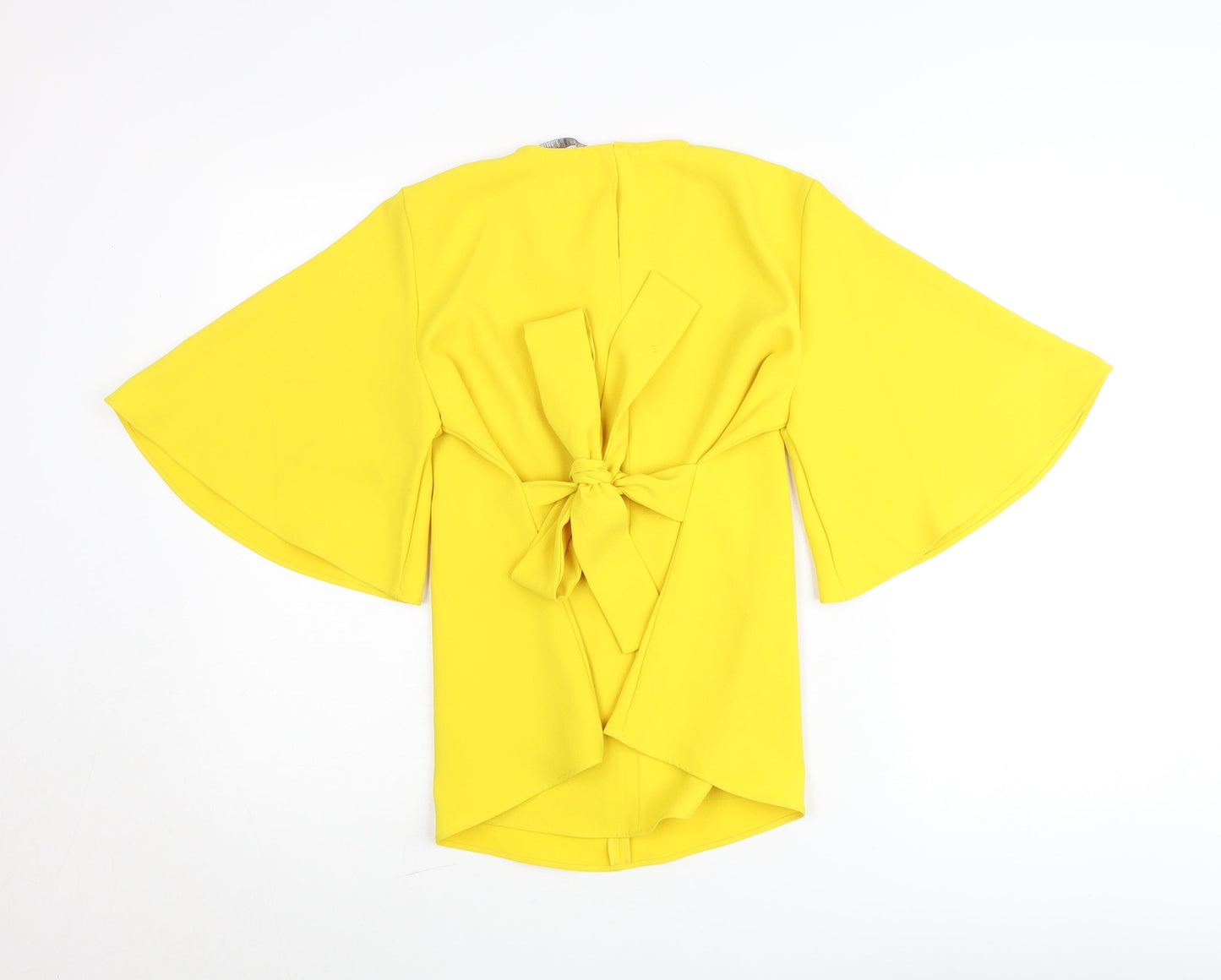 Zara Womens Yellow Wrap Blouse S Flared 3/4 Sleeve Bow Tie
