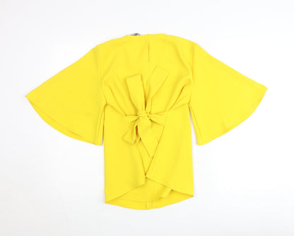 Zara Womens Yellow Wrap Blouse S Flared 3/4 Sleeve Bow Tie