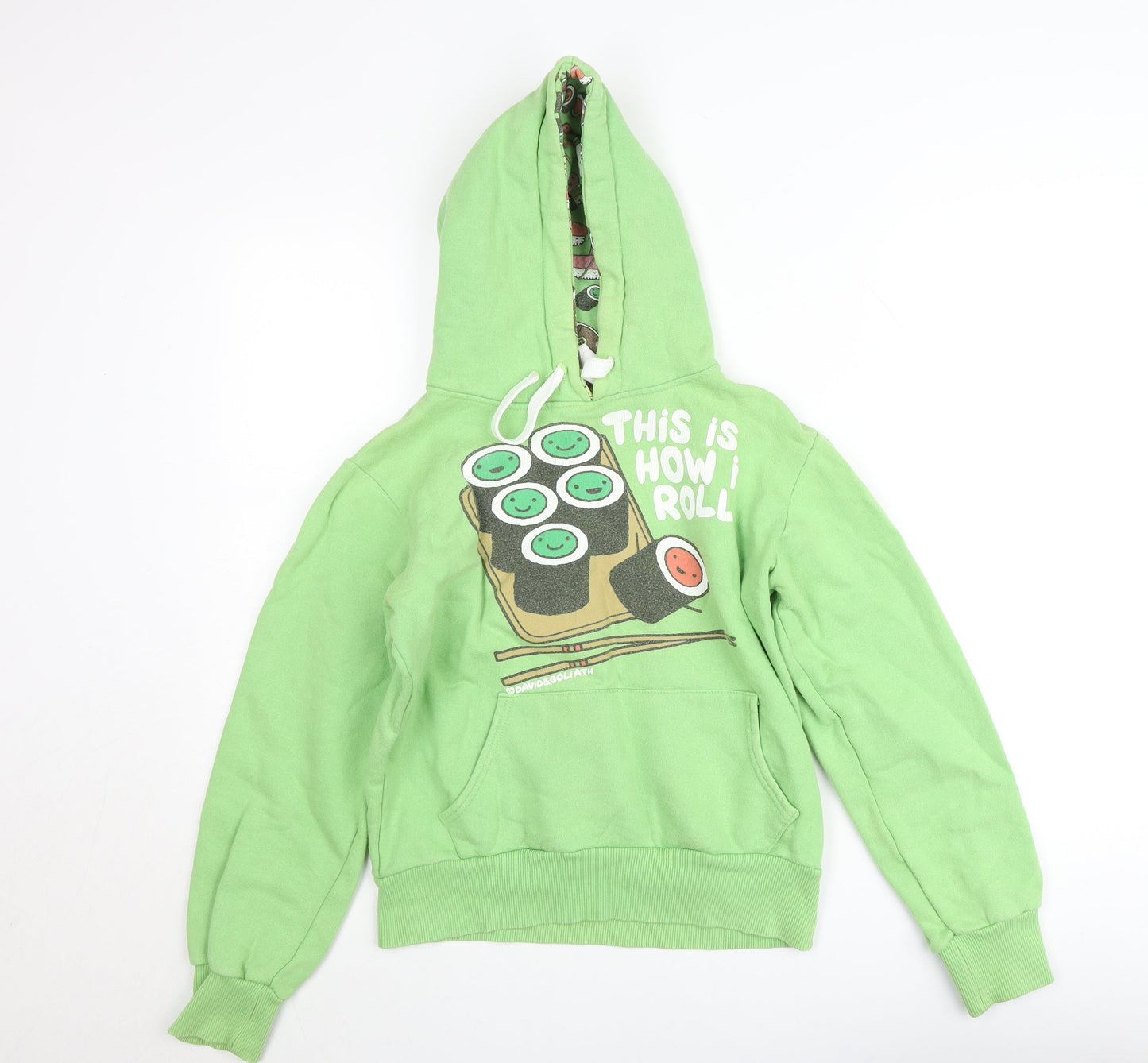 David & Goliath Boys Green Pullover Hoodie Small - Funny Sushi Print Fleece Top