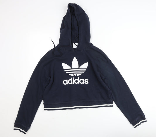 Adidas Women Navy Blue Cropped Hoodie Long Sleeve Pullover