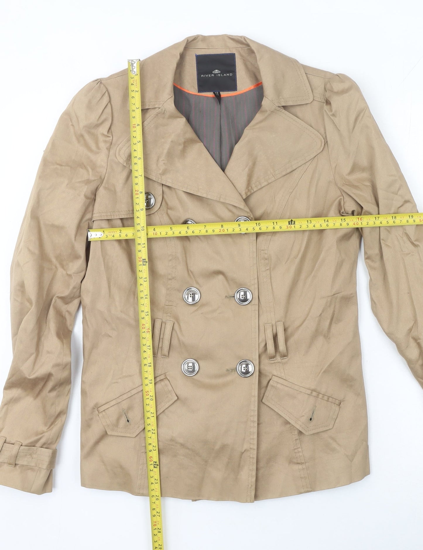 River Island Women's Beige Trench Jacket Size 12 Classic Cotton Blend