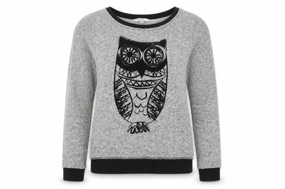 New Look Womens Grey Owl Crew Neck Long Sleeve Pullover Jumper Size 12