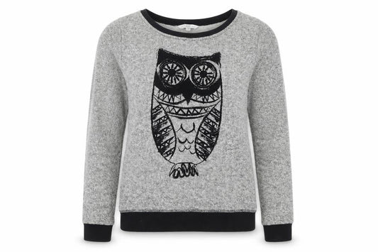 New Look Womens Grey Owl Crew Neck Long Sleeve Pullover Jumper Size 12