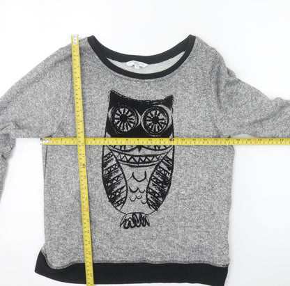 New Look Womens Grey Owl Crew Neck Long Sleeve Pullover Jumper Size 12