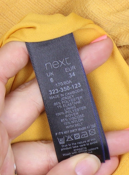 Next Women Yellow Jersey Shirt Dress Size 6 Short Sleeve Tie Waist