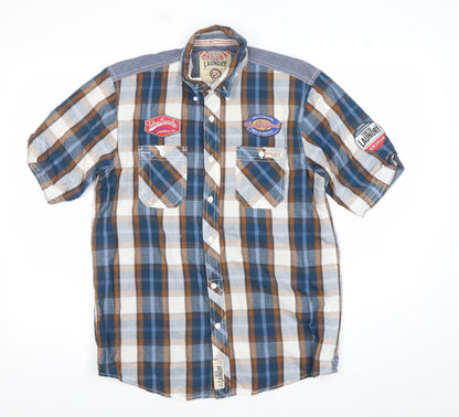 Tokyo Laundry Men’s Blue Checked Short Sleeve Button-Up Shirt Medium