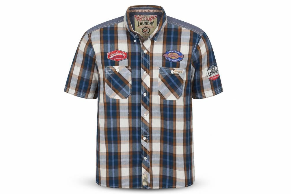 Tokyo Laundry Men’s Blue Checked Short Sleeve Button-Up Shirt Medium