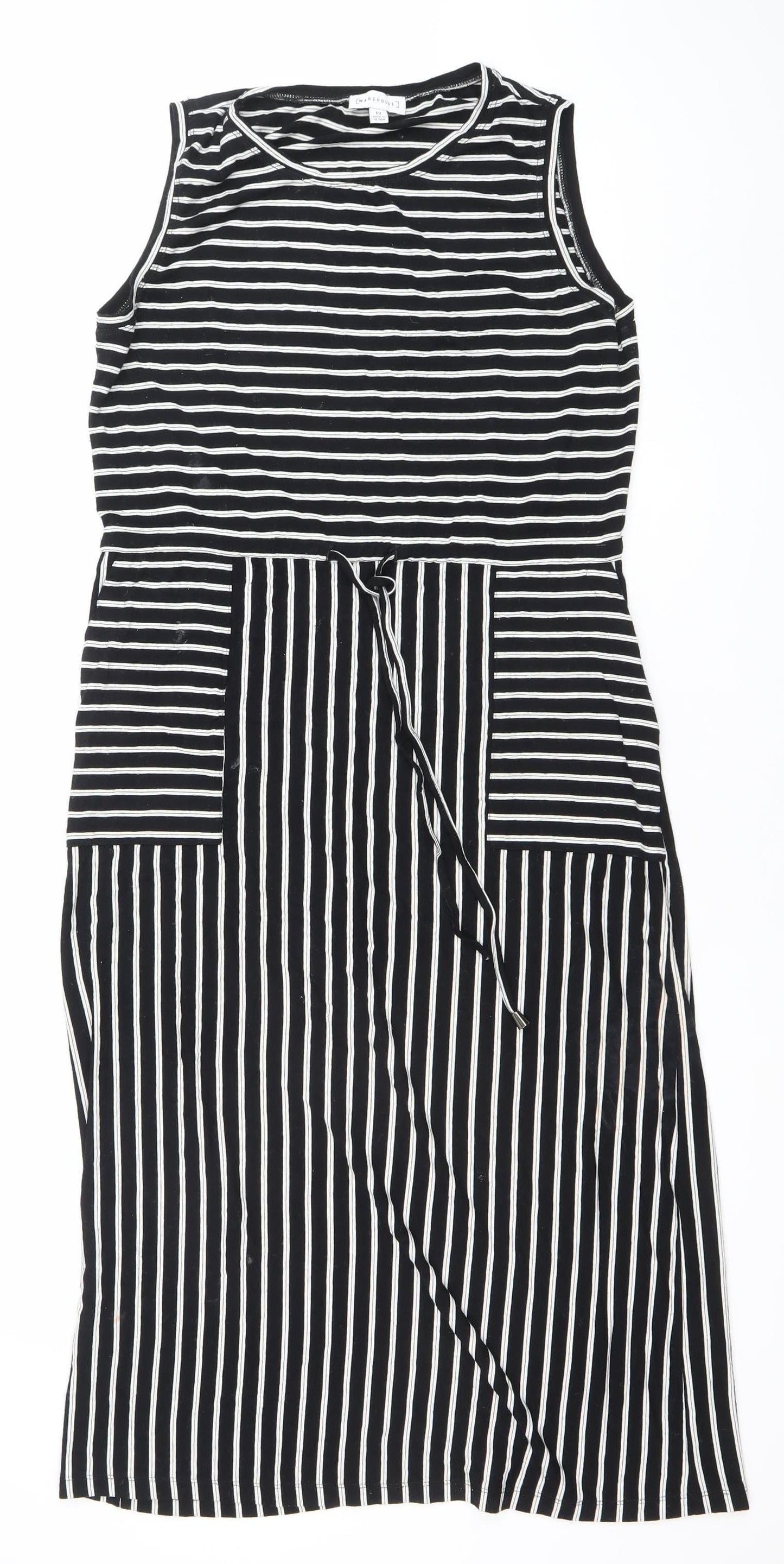 Warehouse Women’s Black White Striped Sleeveless Jersey A-Line Dress UK 12