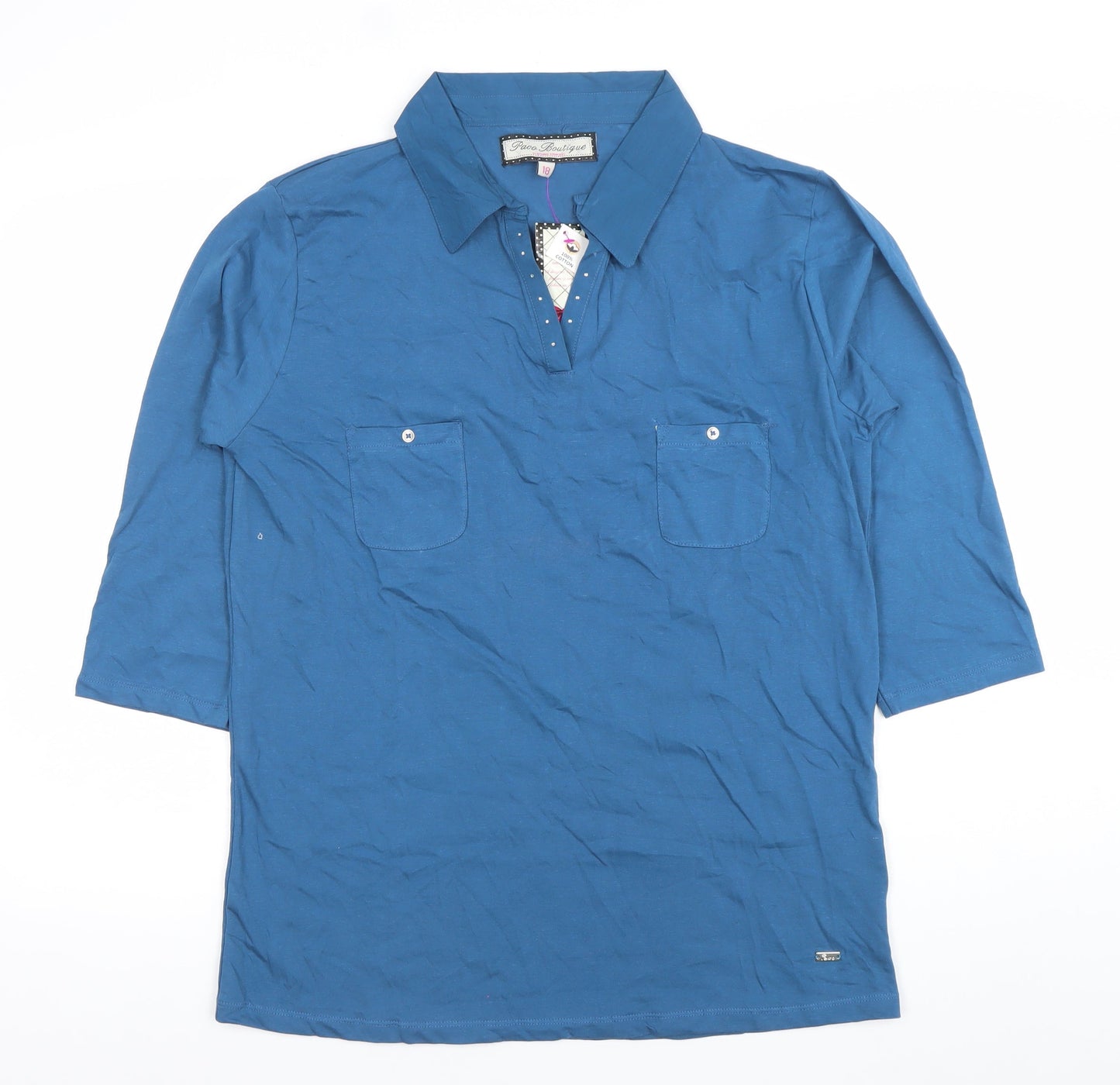 Paco Boutique Women Blue Size 18 Polo Shirt 3/4 Sleeve Cotton