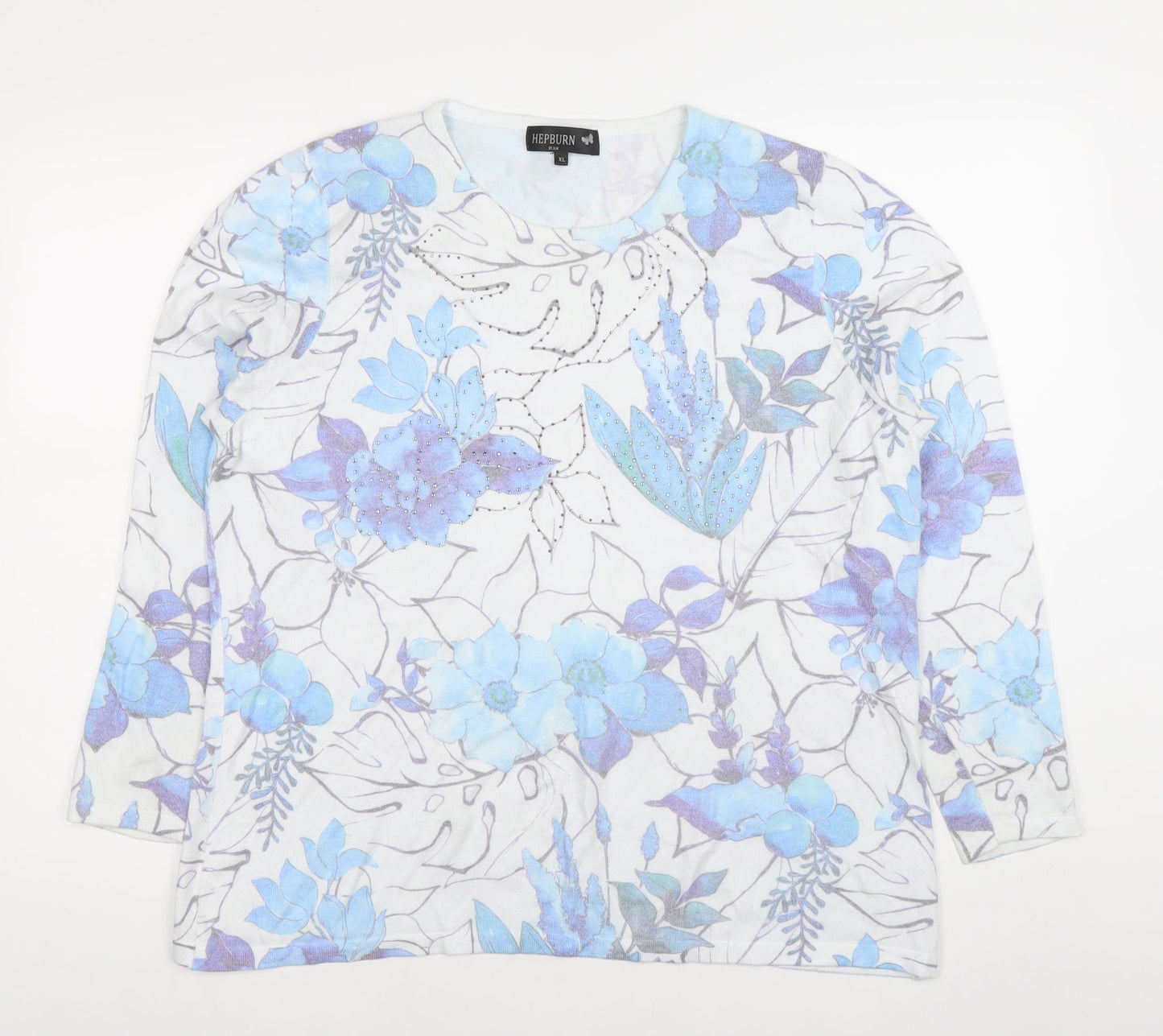 Hepburn by M&N Women's Blue Floral Rhinestone XL Pullover Jumper