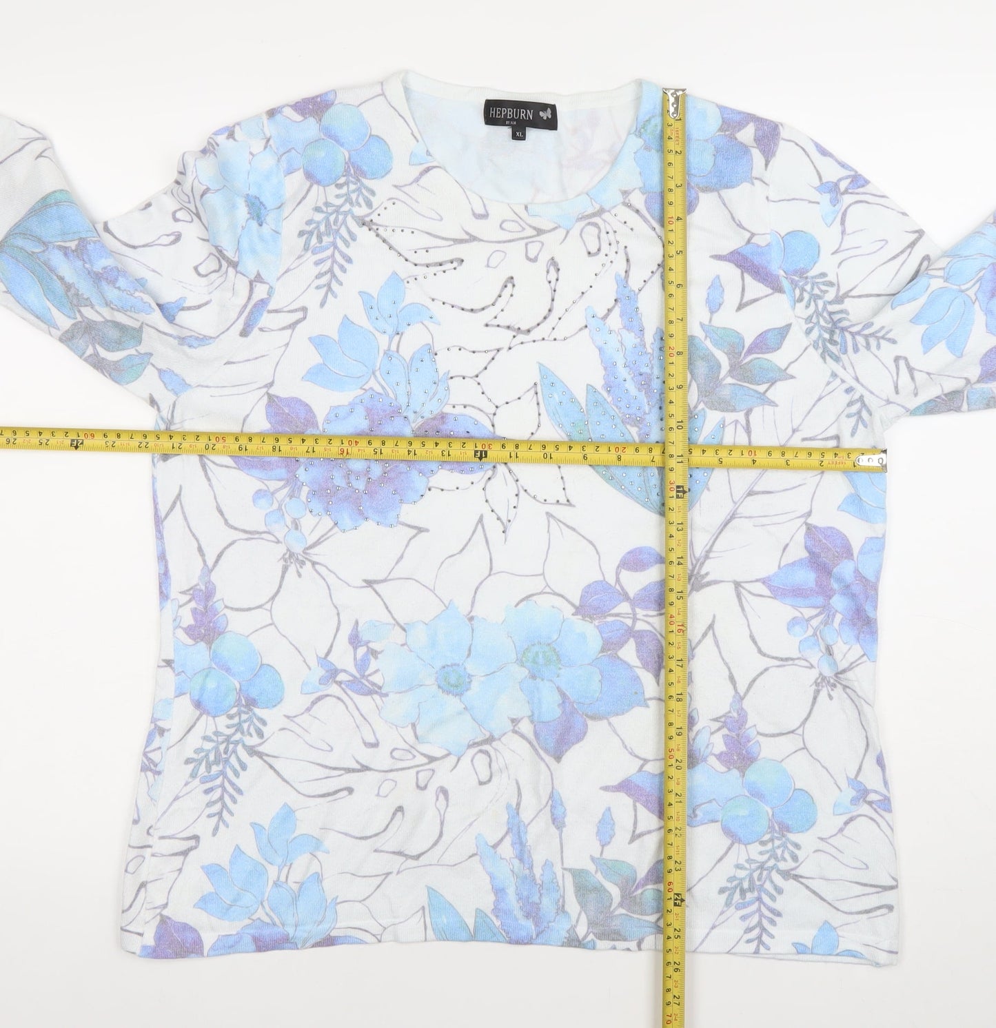 Hepburn by M&N Women's Blue Floral Rhinestone XL Pullover Jumper