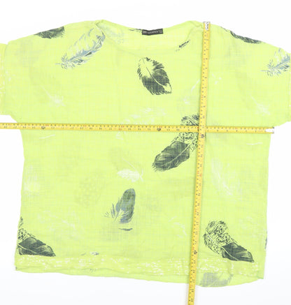 Just Elegance Women Yellow Feather Print Linen Blend Short Sleeve Blouse Size L
