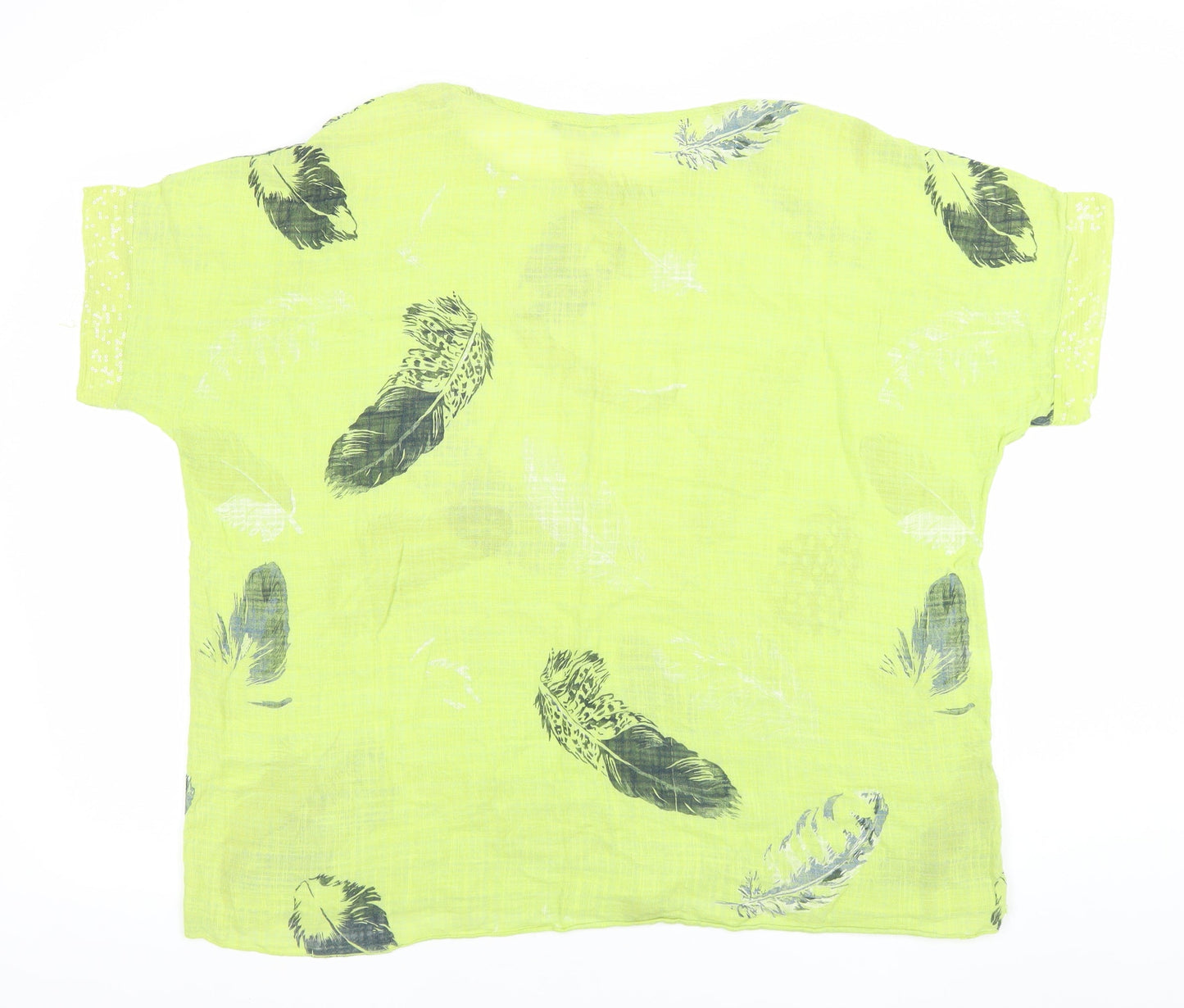Just Elegance Women Yellow Feather Print Linen Blend Short Sleeve Blouse Size L