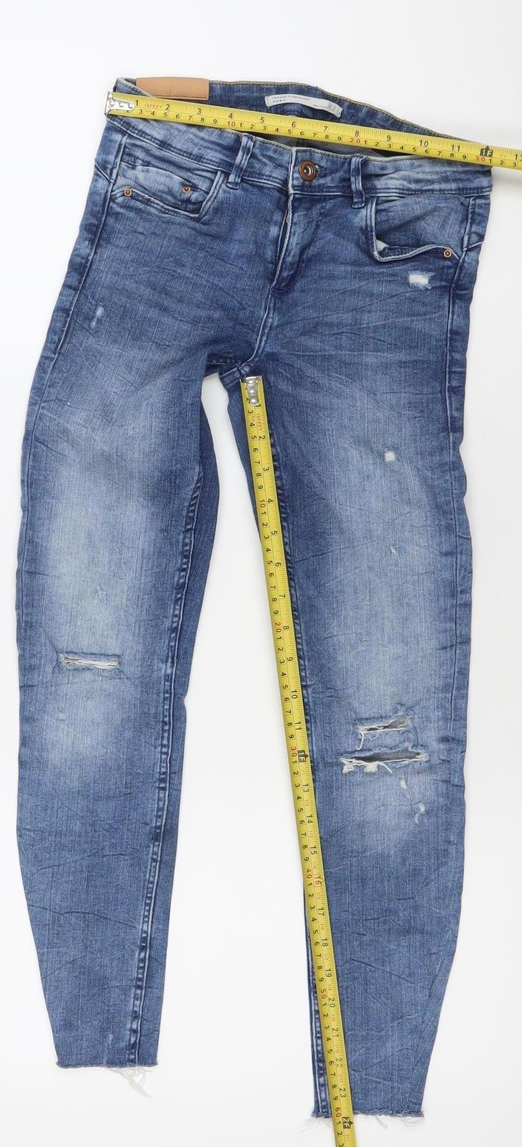 Zara Women's Blue Distressed Skinny Jeans M Mid Rise Stretch Denim