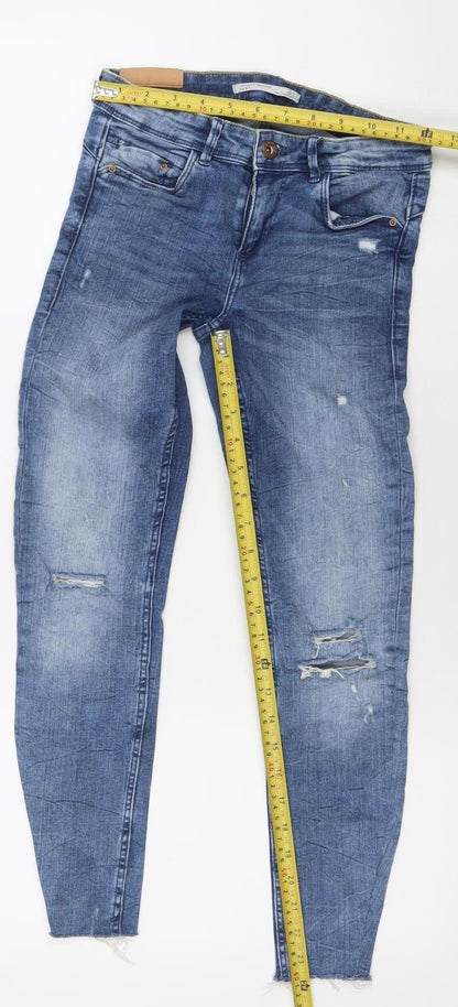 Zara Women's Blue Distressed Skinny Jeans M Mid Rise Stretch Denim