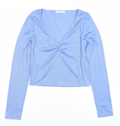 Stradivarius Women's Blue Cropped V-Neck Long Sleeve Top Size L