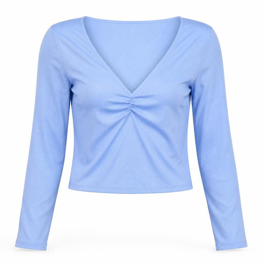 Stradivarius Women's Blue Cropped V-Neck Long Sleeve Top Size L