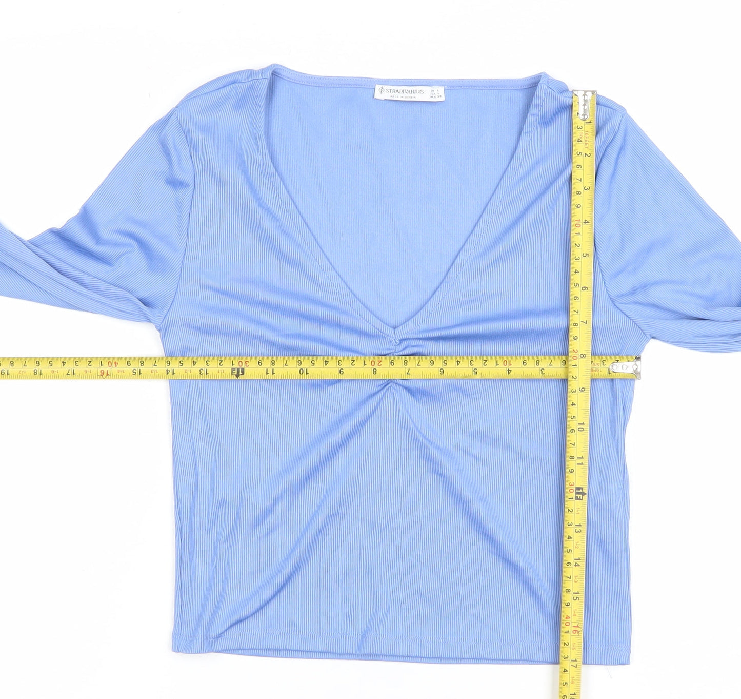 Stradivarius Women's Blue Cropped V-Neck Long Sleeve Top Size L